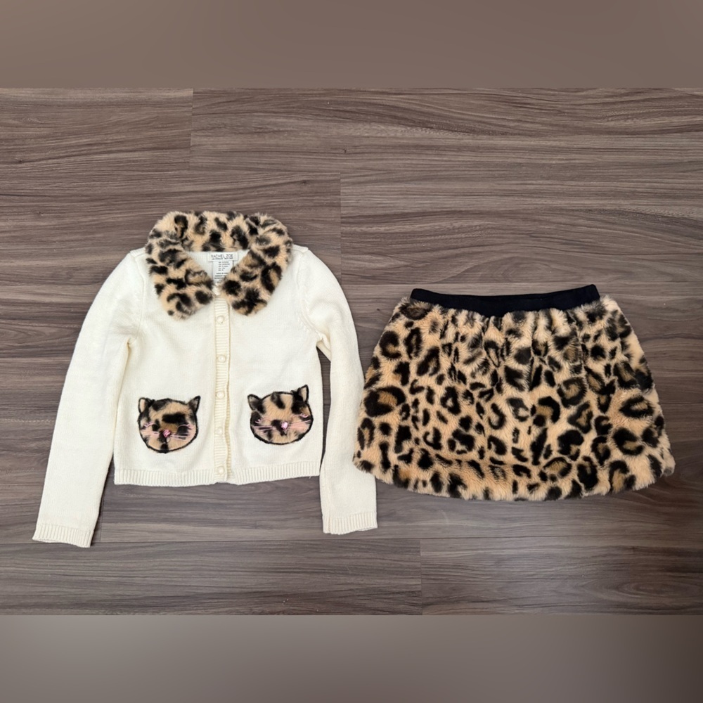 Rachel Zoe Cream and Leopard Faux Fur Skirt and Cat Knit Sweater Kids Set - 5/6